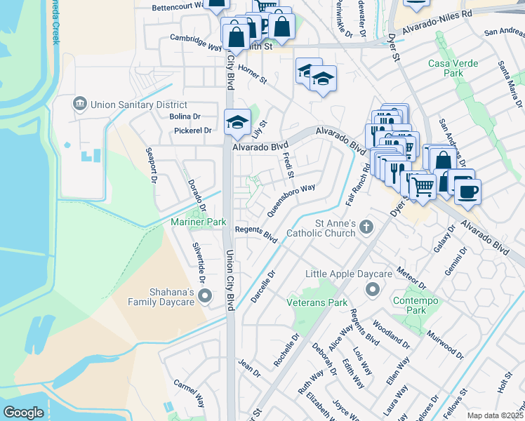 map of restaurants, bars, coffee shops, grocery stores, and more near 4530 Vía La Paz in Union City