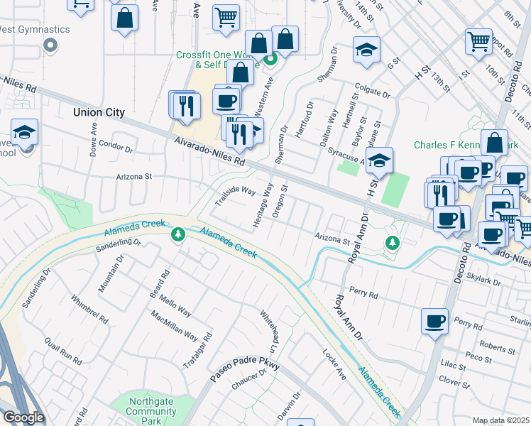 map of restaurants, bars, coffee shops, grocery stores, and more near 2440 Heritage Way in Union City