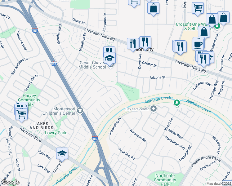 map of restaurants, bars, coffee shops, grocery stores, and more near 219 Hula Circle in Union City