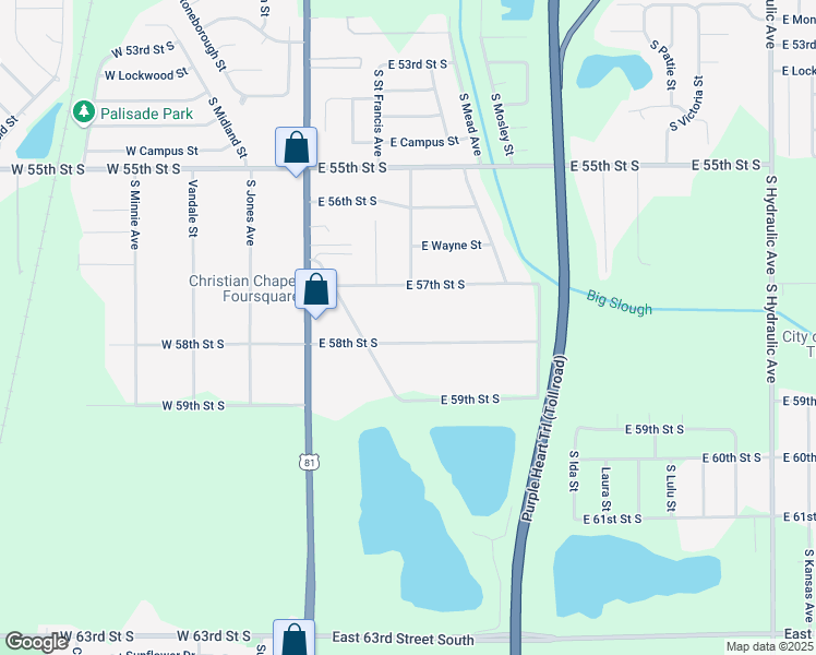 map of restaurants, bars, coffee shops, grocery stores, and more near 502 E 58th St S in Wichita