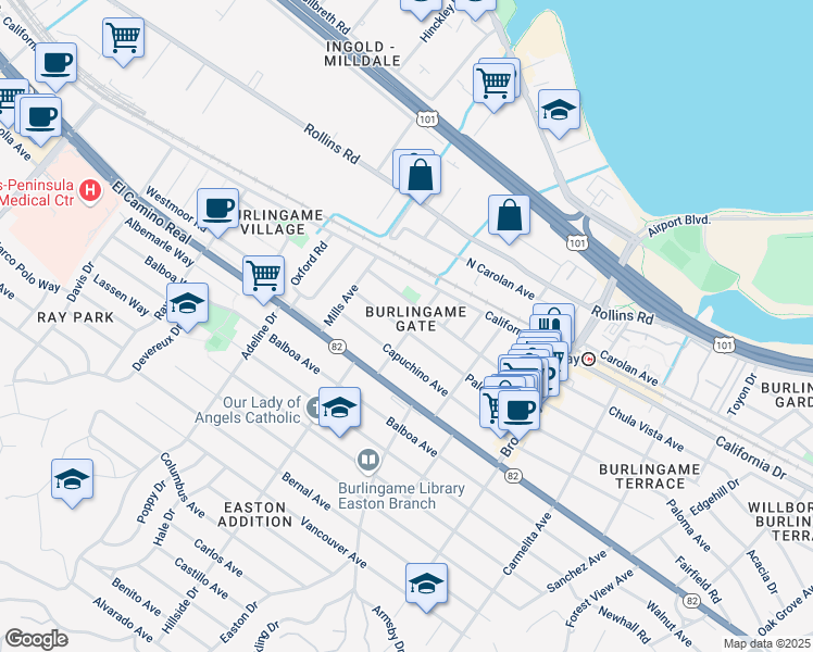 map of restaurants, bars, coffee shops, grocery stores, and more near 1220 Grove Avenue in Burlingame