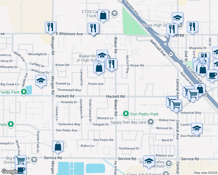 map of restaurants, bars, coffee shops, grocery stores, and more near 1615 Isaiah Court in Ceres