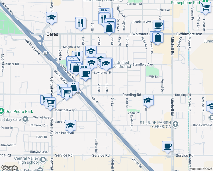 map of restaurants, bars, coffee shops, grocery stores, and more near 3201 9th Street in Ceres