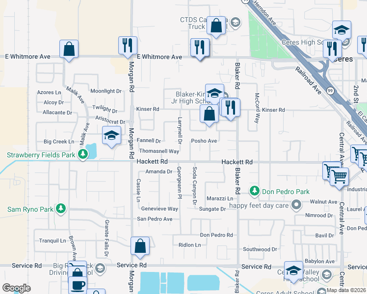 map of restaurants, bars, coffee shops, grocery stores, and more near 3201 Sanko Avenue in Ceres