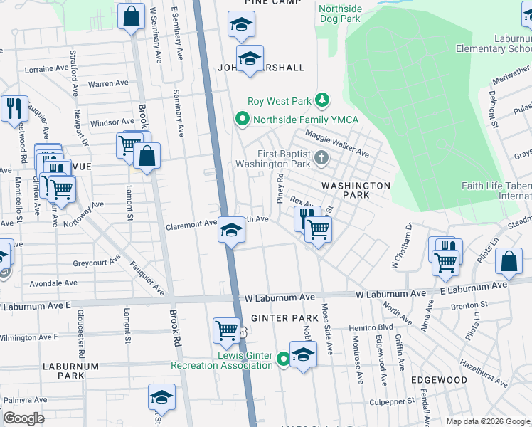 map of restaurants, bars, coffee shops, grocery stores, and more near 4405 North Avenue in Richmond