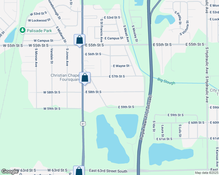 map of restaurants, bars, coffee shops, grocery stores, and more near 502 E 58th St S in Wichita