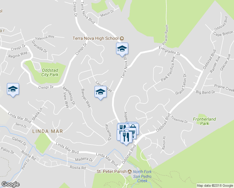 map of restaurants, bars, coffee shops, grocery stores, and more near 1296 Terra Nova Boulevard in Pacifica