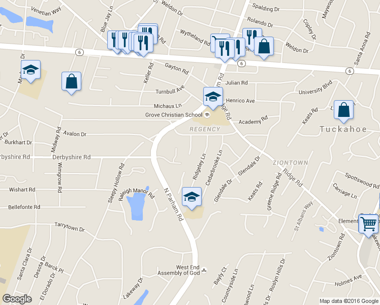map of restaurants, bars, coffee shops, grocery stores, and more near 521 Willowtree Drive in Henrico