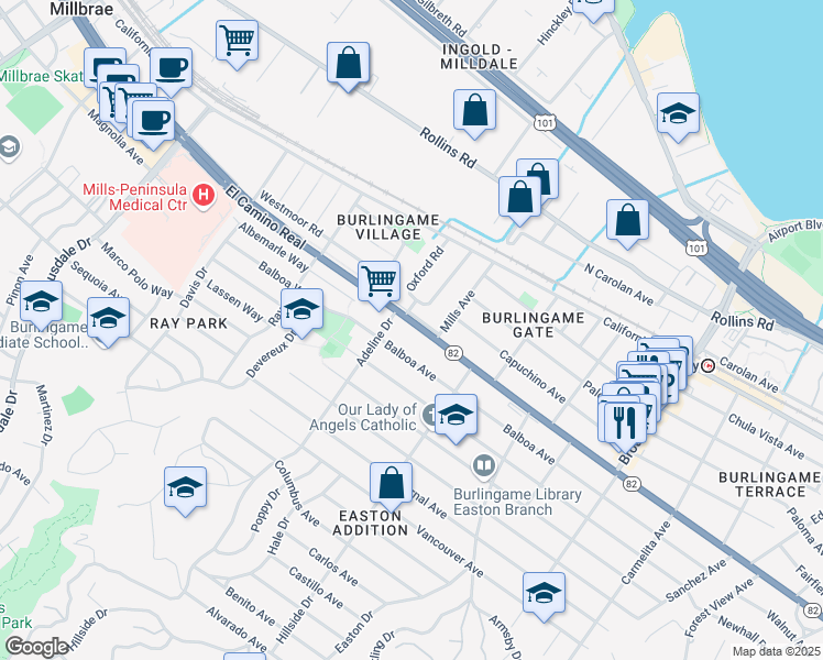 map of restaurants, bars, coffee shops, grocery stores, and more near 1461 El Camino Real in Burlingame