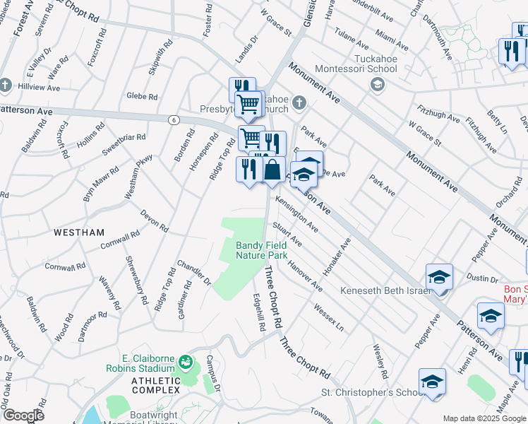 map of restaurants, bars, coffee shops, grocery stores, and more near 6901 Everview Road in Richmond
