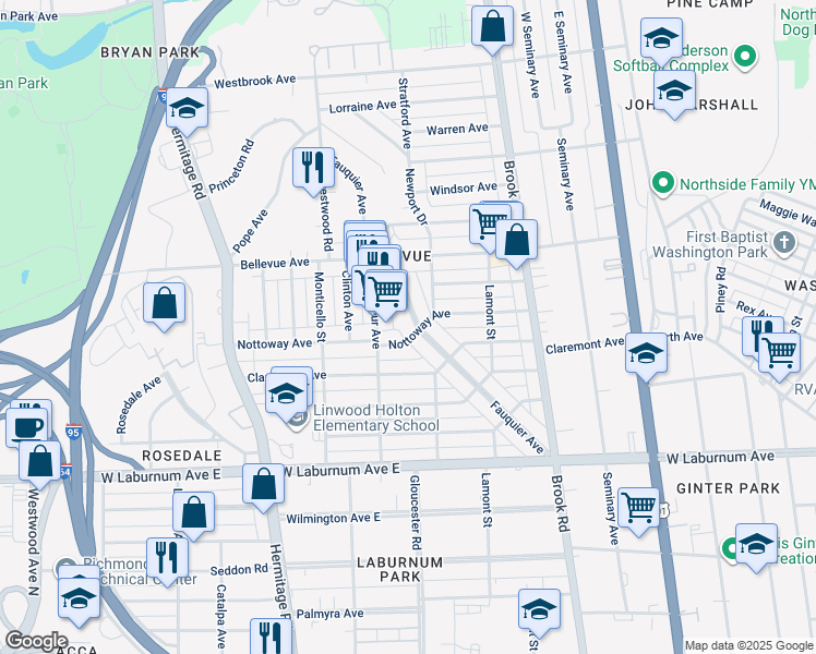 map of restaurants, bars, coffee shops, grocery stores, and more near 4002 Fauquier Avenue in Richmond
