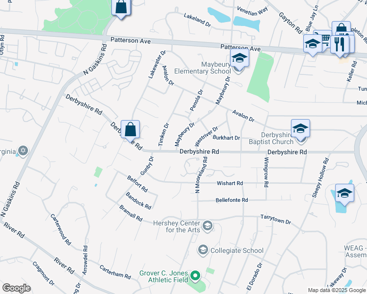 map of restaurants, bars, coffee shops, grocery stores, and more near 9206 Derbyshire Road in Richmond