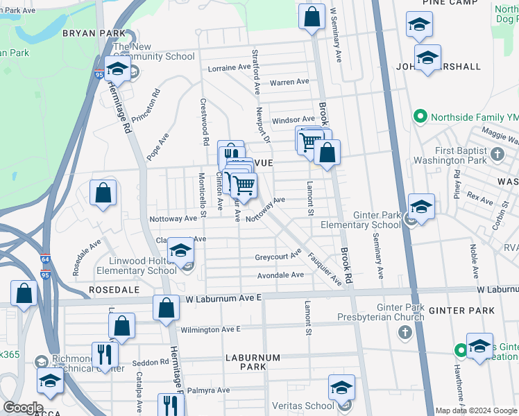 map of restaurants, bars, coffee shops, grocery stores, and more near 4002 Fauquier Avenue in Richmond