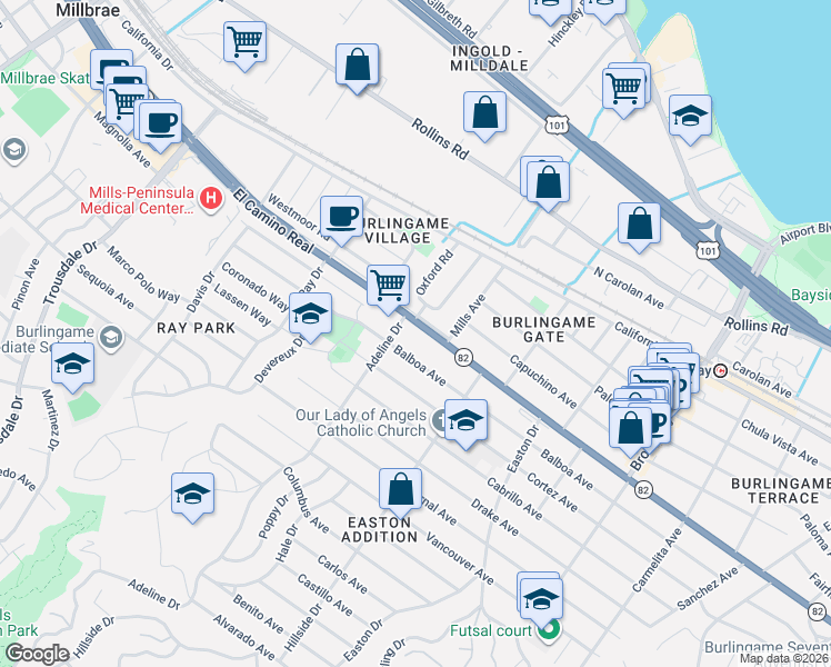map of restaurants, bars, coffee shops, grocery stores, and more near 1461 El Camino Real in Burlingame