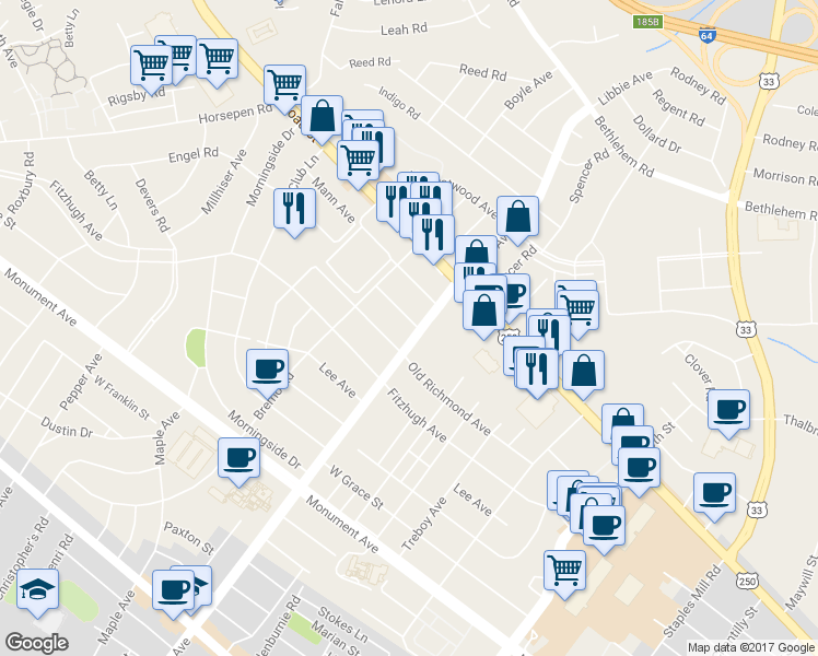 map of restaurants, bars, coffee shops, grocery stores, and more near 5801 Pollard Drive in Richmond