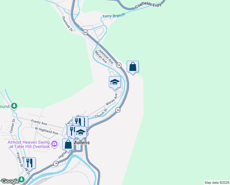map of restaurants, bars, coffee shops, grocery stores, and more near 700-798 Maple Ave in Mullens