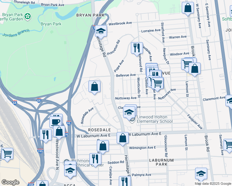 map of restaurants, bars, coffee shops, grocery stores, and more near 4007 Hermitage Road in Richmond