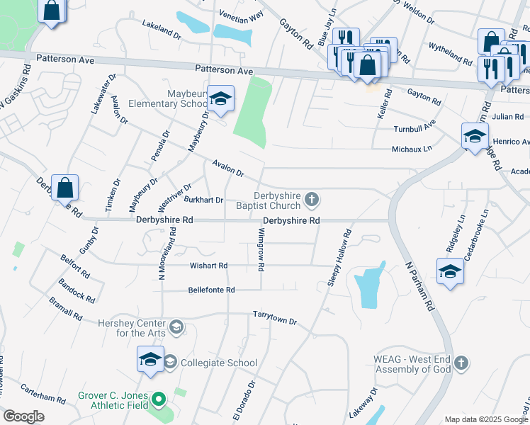map of restaurants, bars, coffee shops, grocery stores, and more near 8901 Burkhart Drive in Henrico