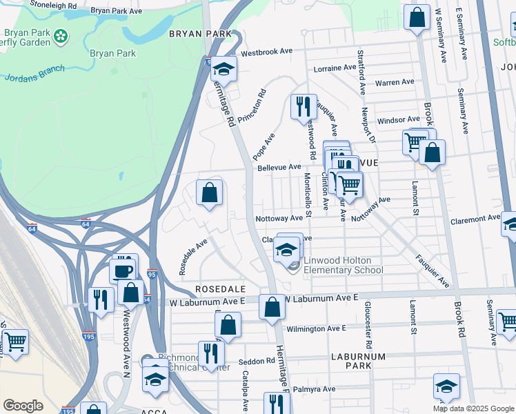 map of restaurants, bars, coffee shops, grocery stores, and more near 4007 Hermitage Road in Richmond