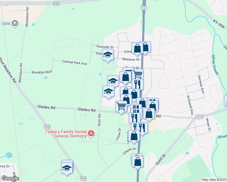 map of restaurants, bars, coffee shops, grocery stores, and more near 279 Glades Road in Berea