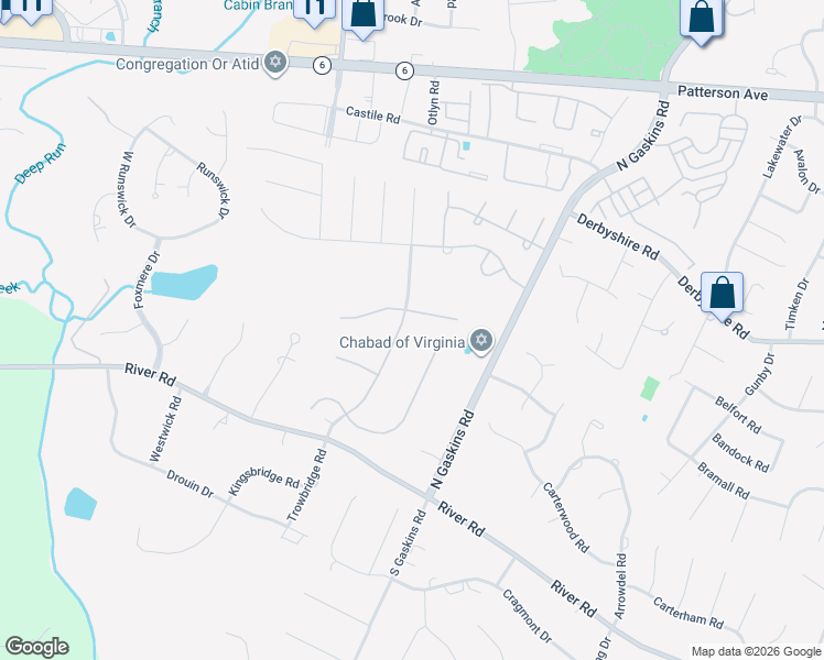 map of restaurants, bars, coffee shops, grocery stores, and more near 225 Colony Lake Drive in Henrico