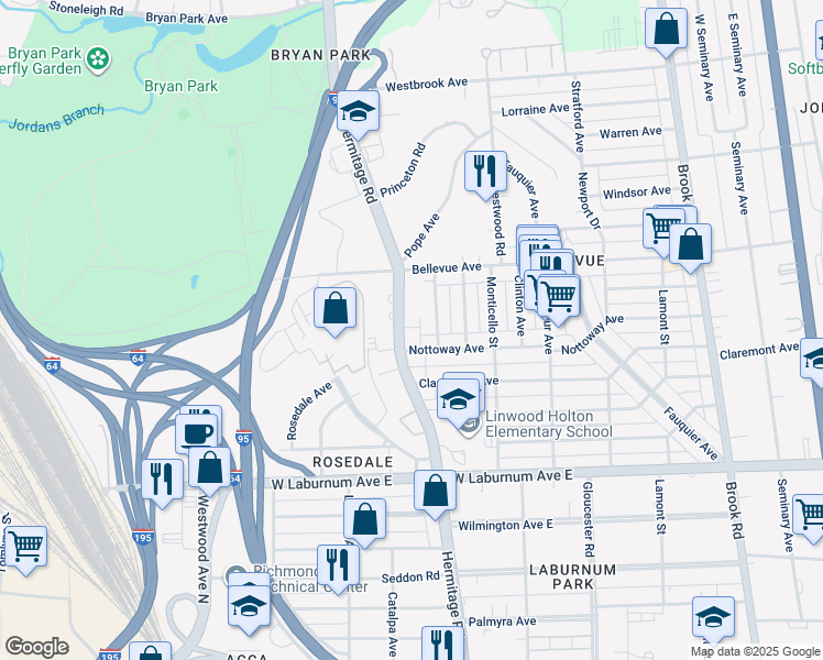 map of restaurants, bars, coffee shops, grocery stores, and more near 4013 Hermitage Road in Richmond