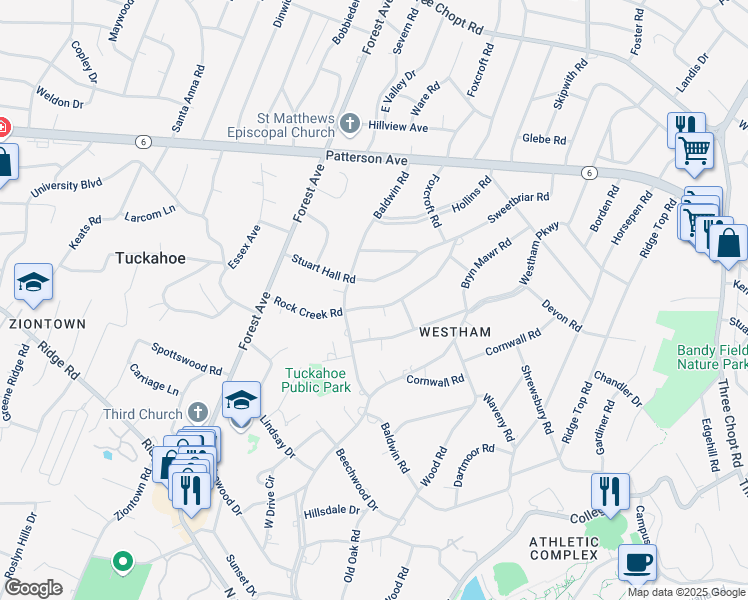 map of restaurants, bars, coffee shops, grocery stores, and more near 7730 Rock Creek Road in Richmond