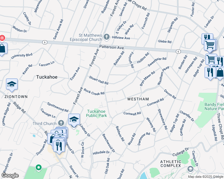 map of restaurants, bars, coffee shops, grocery stores, and more near 7730 Rock Creek Road in Richmond