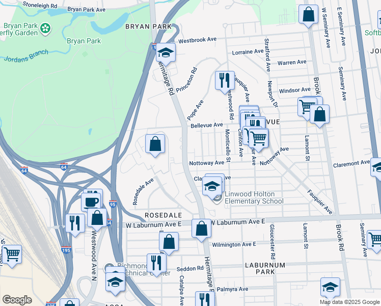 map of restaurants, bars, coffee shops, grocery stores, and more near 4013 Hermitage Road in Richmond