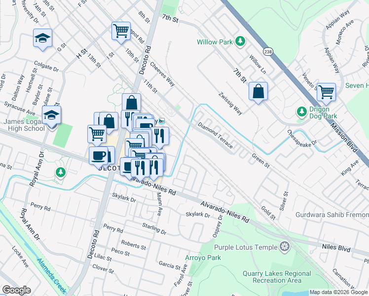 map of restaurants, bars, coffee shops, grocery stores, and more near 1869 Slate Court in Union City