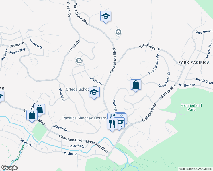 map of restaurants, bars, coffee shops, grocery stores, and more near 1296 Terra Nova Boulevard in Pacifica