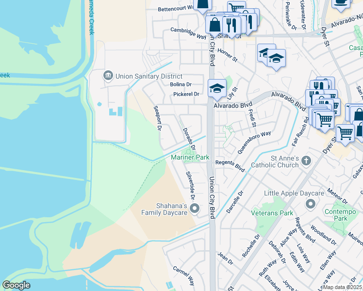 map of restaurants, bars, coffee shops, grocery stores, and more near 4516 Mackinaw Street in Union City