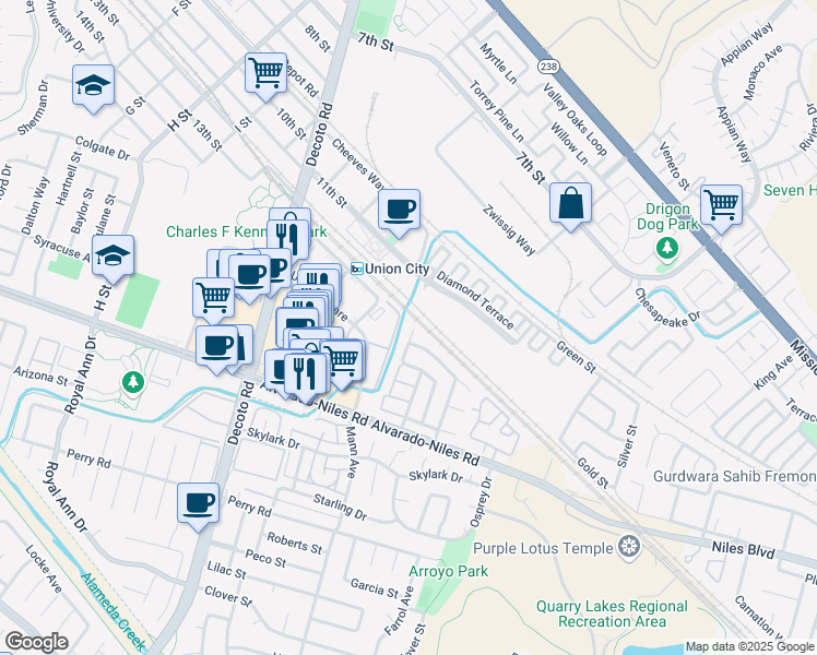 map of restaurants, bars, coffee shops, grocery stores, and more near 1869 Slate Court in Union City