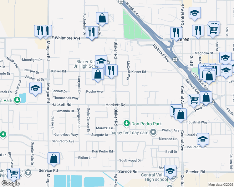 map of restaurants, bars, coffee shops, grocery stores, and more near 3136 Blaker Road in Ceres