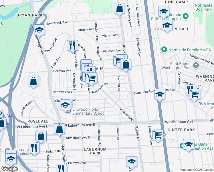 map of restaurants, bars, coffee shops, grocery stores, and more near 3959 Fauquier Avenue in Richmond