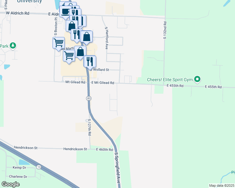 map of restaurants, bars, coffee shops, grocery stores, and more near 2790 South Hartford Avenue in Bolivar
