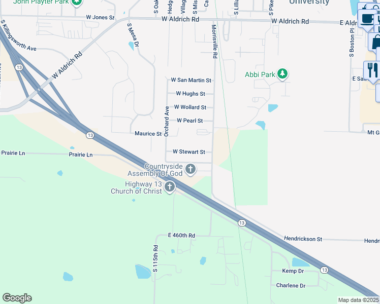 map of restaurants, bars, coffee shops, grocery stores, and more near West Stewart Street in Bolivar