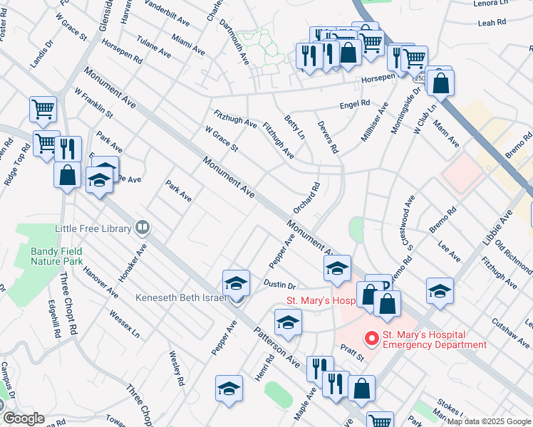 map of restaurants, bars, coffee shops, grocery stores, and more near 6319 Monument Avenue in Richmond