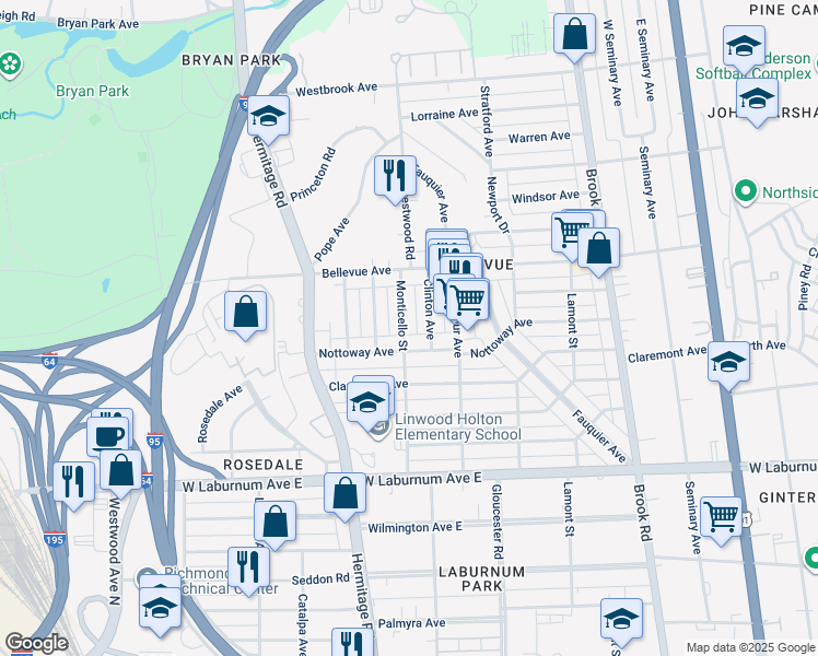 map of restaurants, bars, coffee shops, grocery stores, and more near 4013 Monticello Street in Richmond