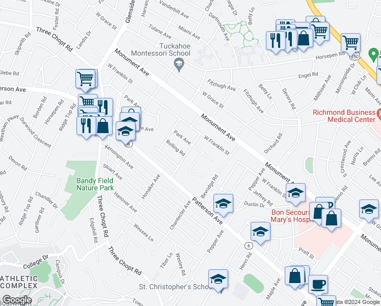 map of restaurants, bars, coffee shops, grocery stores, and more near 1001 Roxbury Road in Richmond