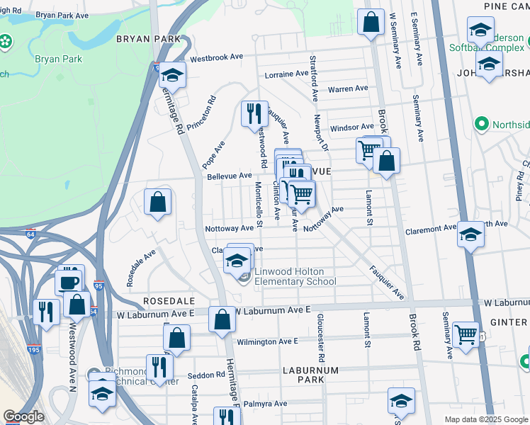map of restaurants, bars, coffee shops, grocery stores, and more near 4013 Monticello Street in Richmond