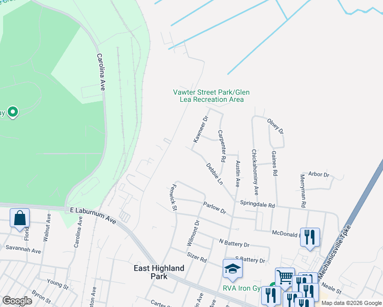 map of restaurants, bars, coffee shops, grocery stores, and more near 1701 Debbie Lane in Richmond