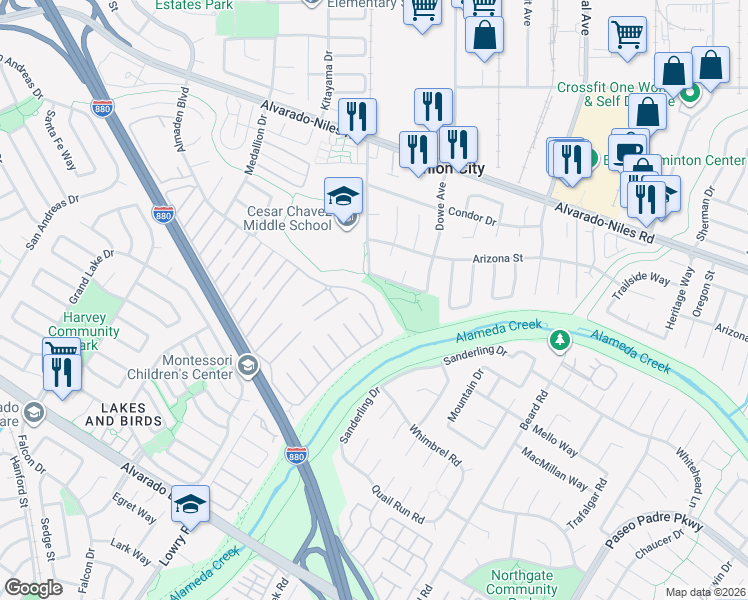 map of restaurants, bars, coffee shops, grocery stores, and more near 219 Hula Circle in Union City