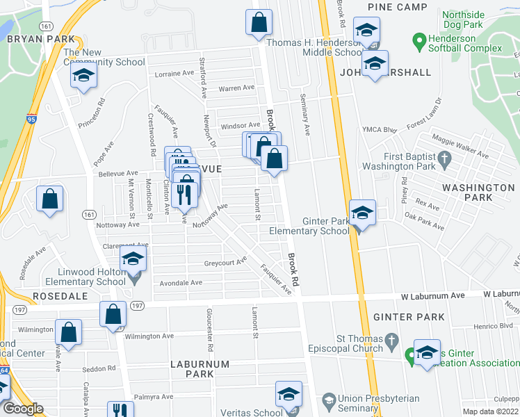 map of restaurants, bars, coffee shops, grocery stores, and more near 1219 Nottoway Avenue in Richmond