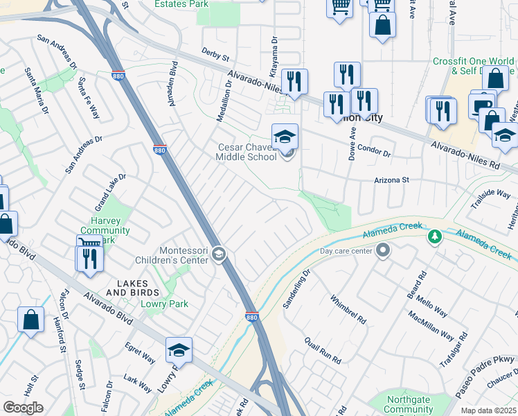 map of restaurants, bars, coffee shops, grocery stores, and more near 167 Kona Circle in Union City