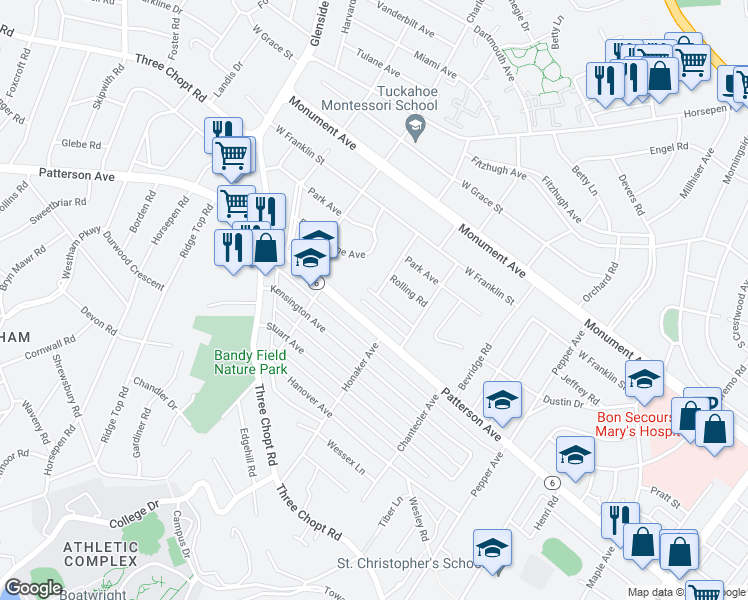 map of restaurants, bars, coffee shops, grocery stores, and more near 6617 Van Buren Avenue in Richmond