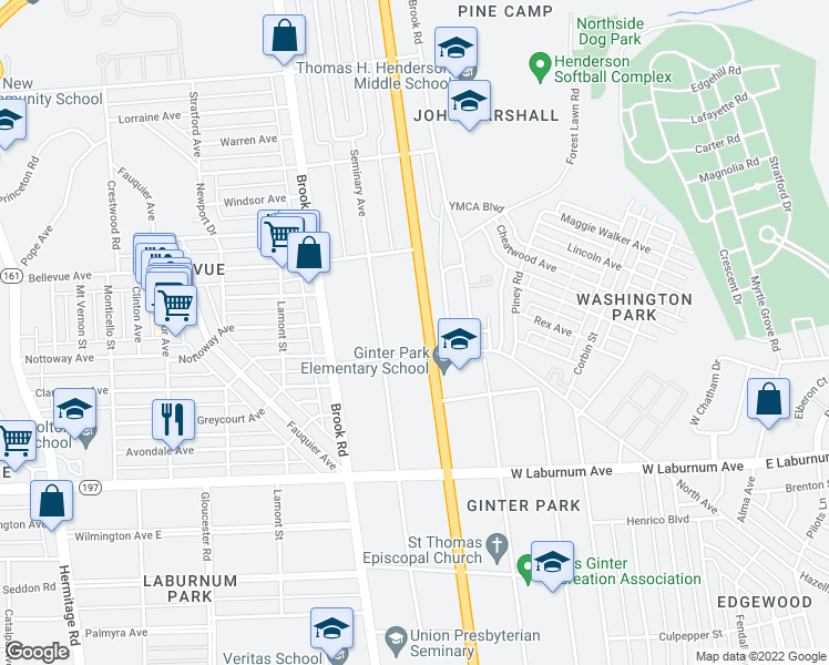 map of restaurants, bars, coffee shops, grocery stores, and more near 3907 Chamberlayne Avenue in Richmond