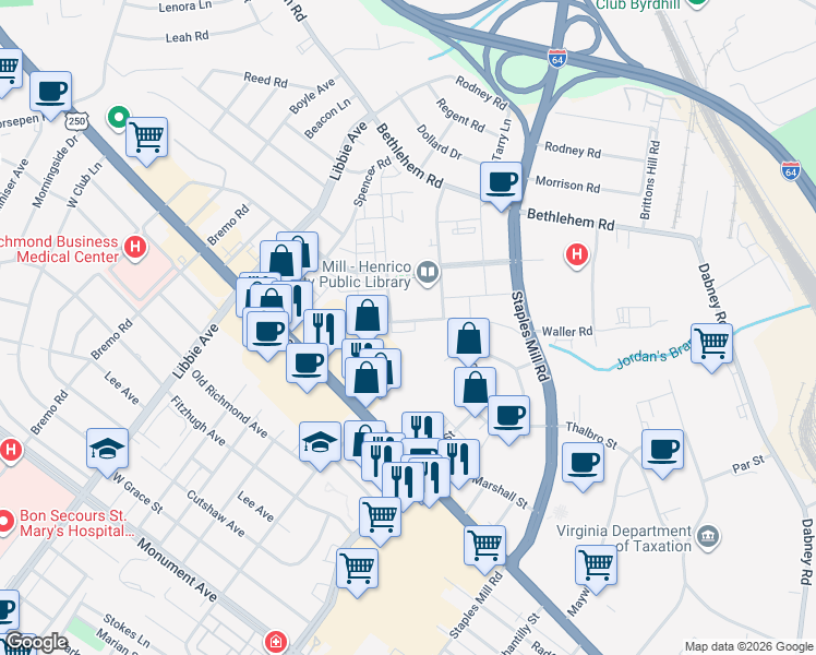 map of restaurants, bars, coffee shops, grocery stores, and more near 5401 Coopers Walk Lane in Richmond