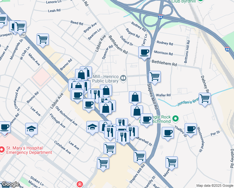 map of restaurants, bars, coffee shops, grocery stores, and more near 5401 Coopers Walk Lane in Richmond