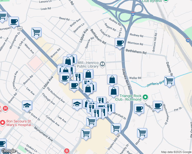 map of restaurants, bars, coffee shops, grocery stores, and more near 5401 Coopers Walk Lane in Richmond